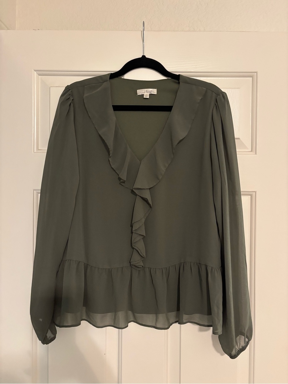 nine britton Olive Green Ruffle V-Neck Peplum Blouse